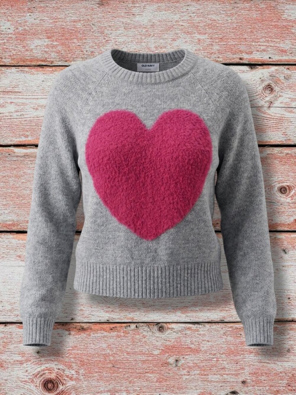 Old Navy Valentine Fuzzy Pink Plush Heart Grey Knit Sweater M